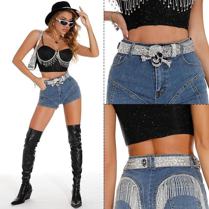 Belt Men's Rivet Accessories Ins Big Y2K Rhinestone Hip-Hop Sequin Skull Inlaid Punk New Belt Skull