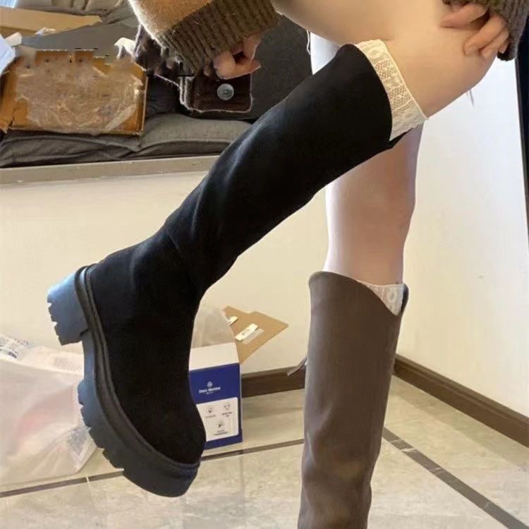 Women's Long Boots with Wide Shaft, Slim Boots, Autumn and Winter New British Style Thick-Soled Heightening Elastic Boots