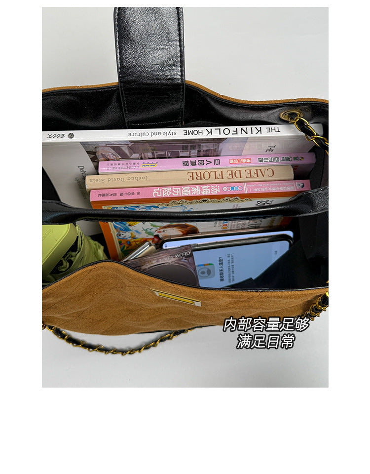 Niche Design Suede Tote Bag Korean Style Ins Lock Large Capacity Retro Fashion Versatile Satchel Crossbody Bag