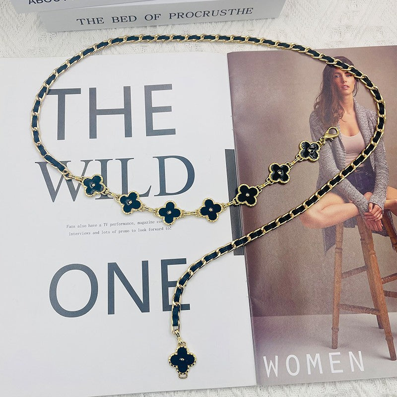 Fragrant Style Waist Chain Accessories Women's Summer Metal Four-leaf Clover Two-sided Available Splicing Chain All-match Thin Chain Belt Pants Chain