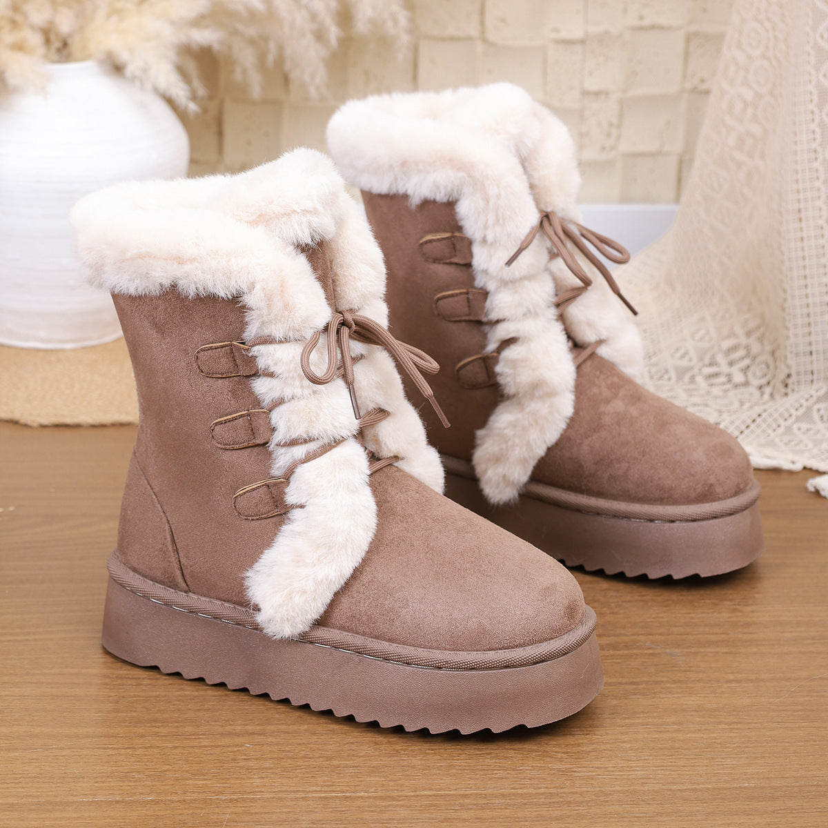 Women's Snow Boots 2025 Winter New Style Furry Women's Boots Thickeneded Snow Cotton Thick Sole Fleece-Lined Mid-Calf Large Size Cotton Boots