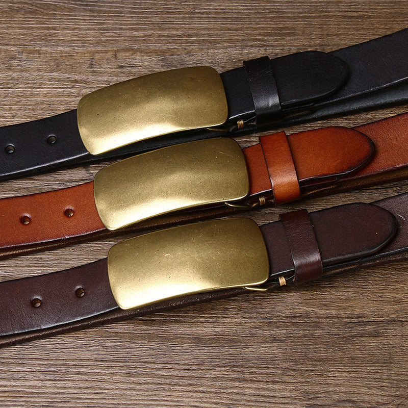 3.3CM Wide Thickened Top Layer Cowhide Belt Men's Genuine Leather Smooth Copper Buckle Belt Korean Style Plate Buckle Retro All-match Trendy