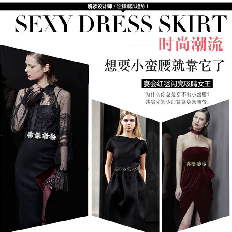 Women's Fashionable Flower Rhinestone Inlaid Wide Girdle Decorative Belt Women's Versatile Skirt Belt Accessories Elastic Waist