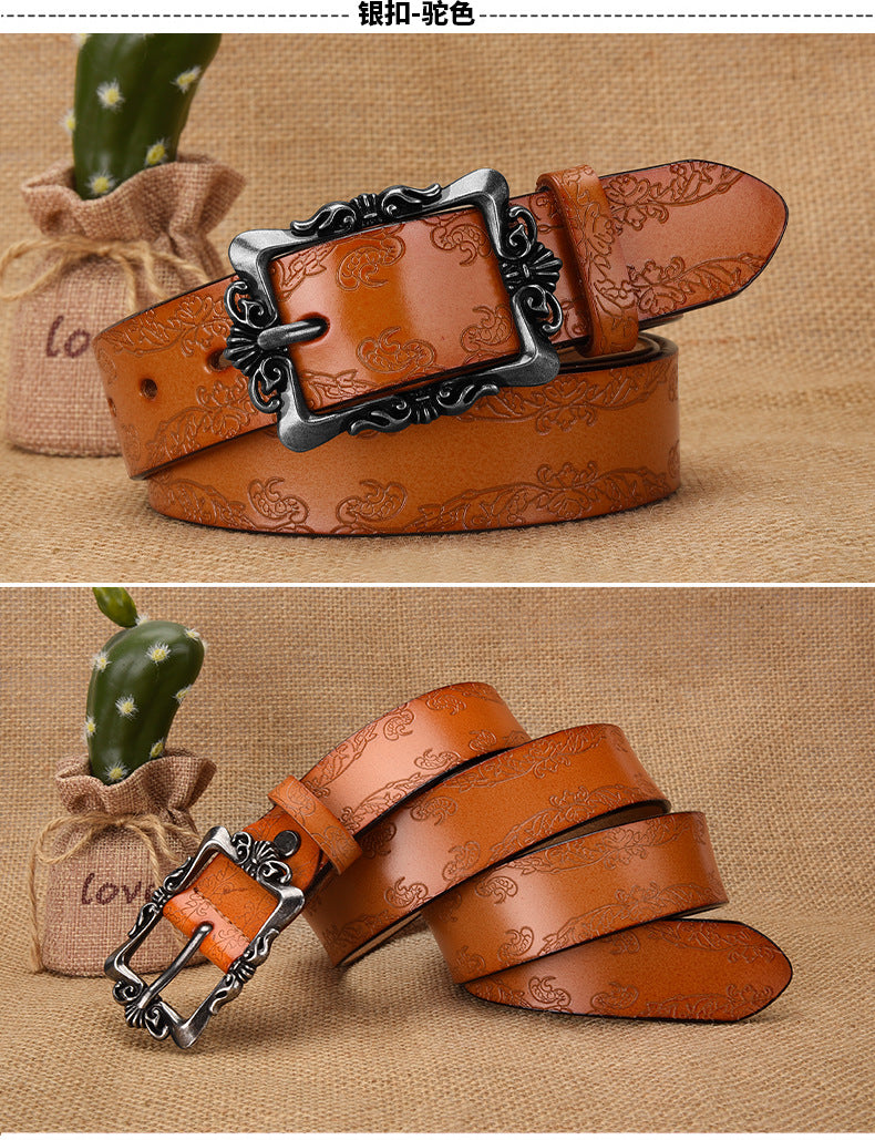 Cross-border European and American Women's Retro Belt Embossed Pattern Pin Buckle Belt Women's Ins Style All-match Simple Casual Pants Belt