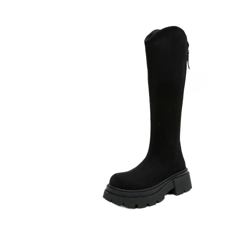 Women's Long Boots with Wide Shaft, Slim Boots, Autumn and Winter New British Style Thick-Soled Heightening Elastic Boots