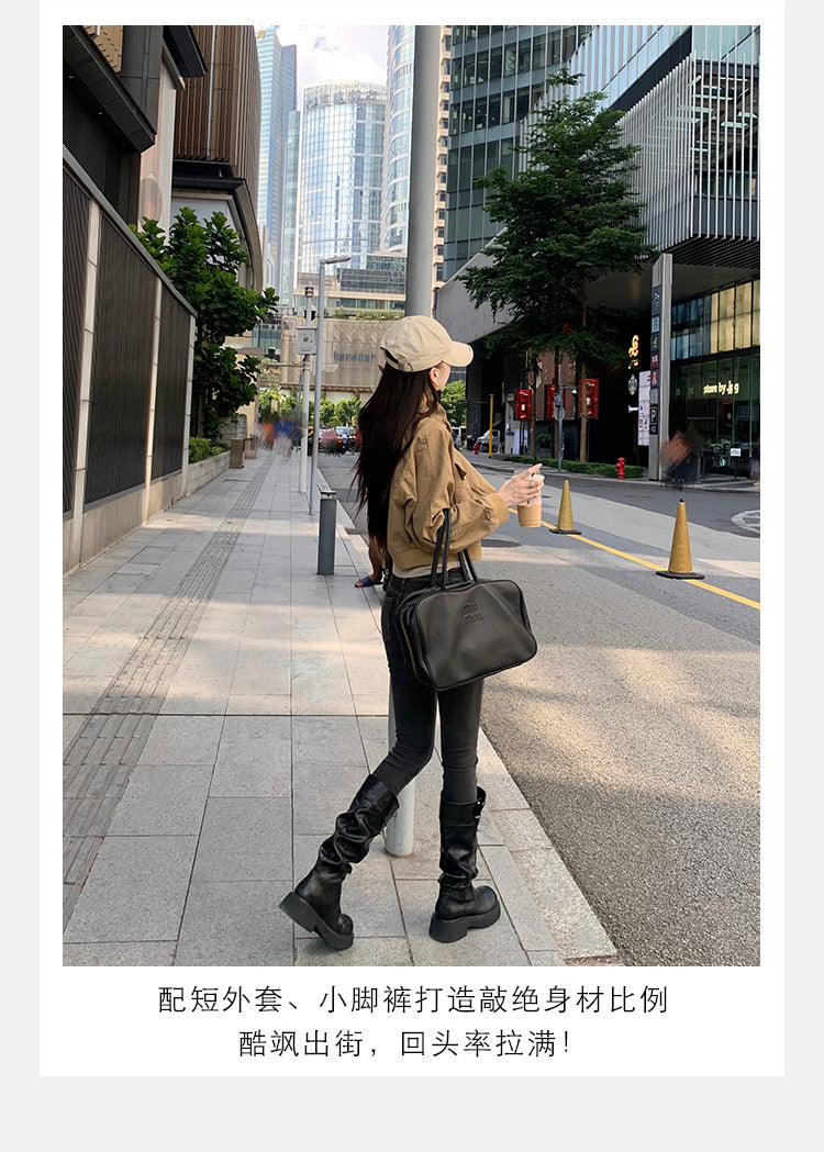 Grape Mom's Same Style in Stock~ Increase Height by 5cm~ Three-Dimensional Round Toe Thick-Soled Chunky Heel Snap-Button Riding Boots for Women