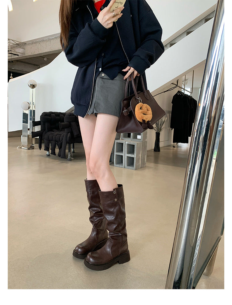 Grape Mom's Same Style in Stock~ Increase Height by 5cm~ Three-Dimensional Round Toe Thick-Soled Chunky Heel Snap-Button Riding Boots for Women