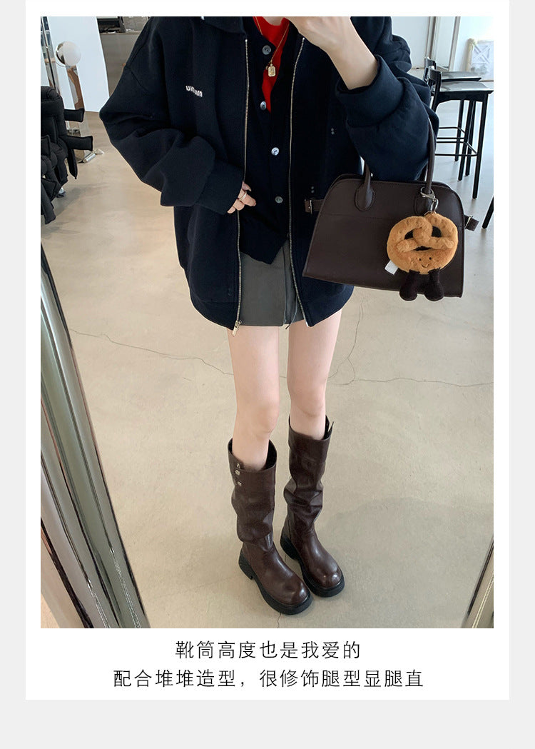 Grape Mom's Same Style in Stock~ Increase Height by 5cm~ Three-Dimensional Round Toe Thick-Soled Chunky Heel Snap-Button Riding Boots for Women