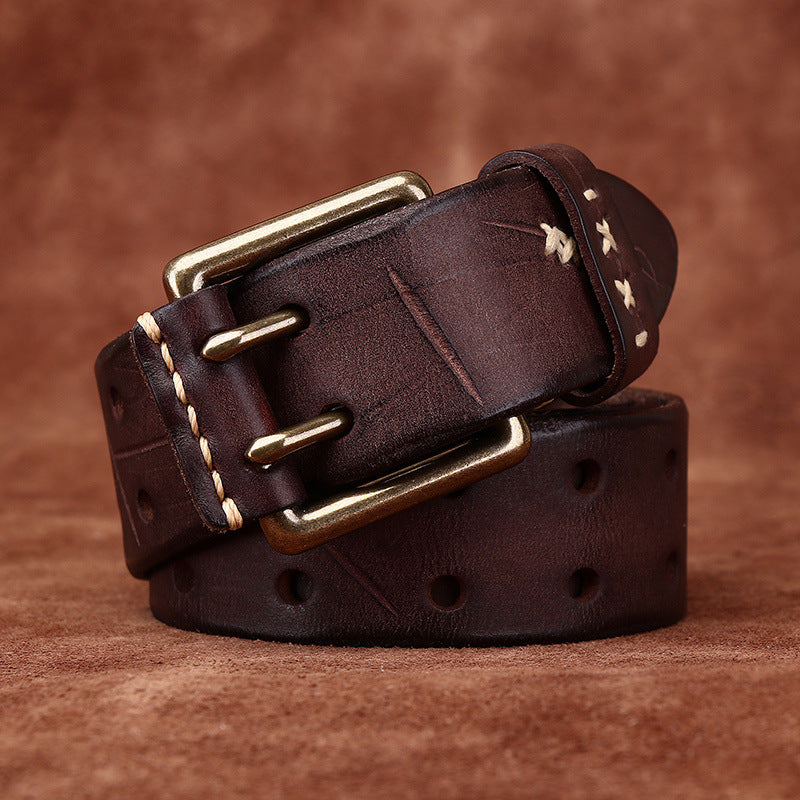 Retro Korean Style Trendyy Stylish Ins Double Pin Buckle Belt Men's Genuine Leather New Young People's Jeans Belt