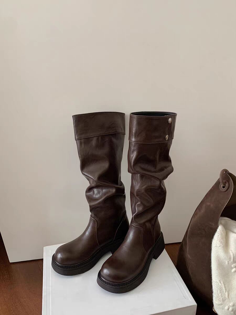 Grape Mom's Same Style Height-Increasing 5cm~ Thick-Soled Chunky Heel Snap-Button Riding Boots for Women