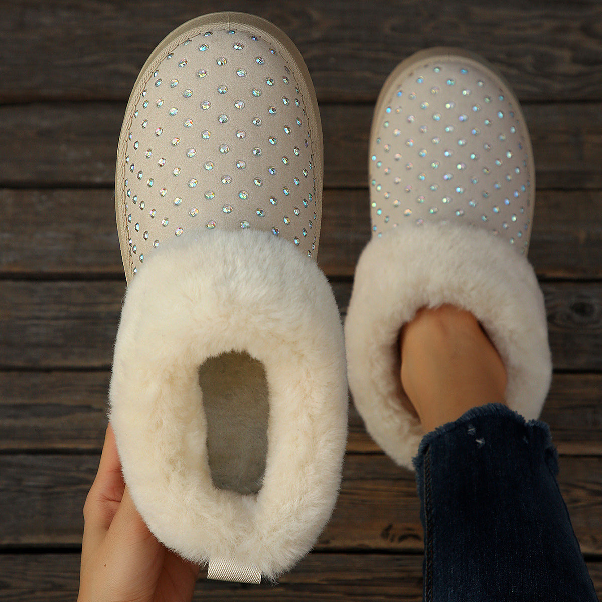 Wholesale of New Autumn Large-Size Foreign Trade Independent Station Rhinestone-Decorated Suede Fleece-Lined Thickened Warm Thick-Soled Snow Boots