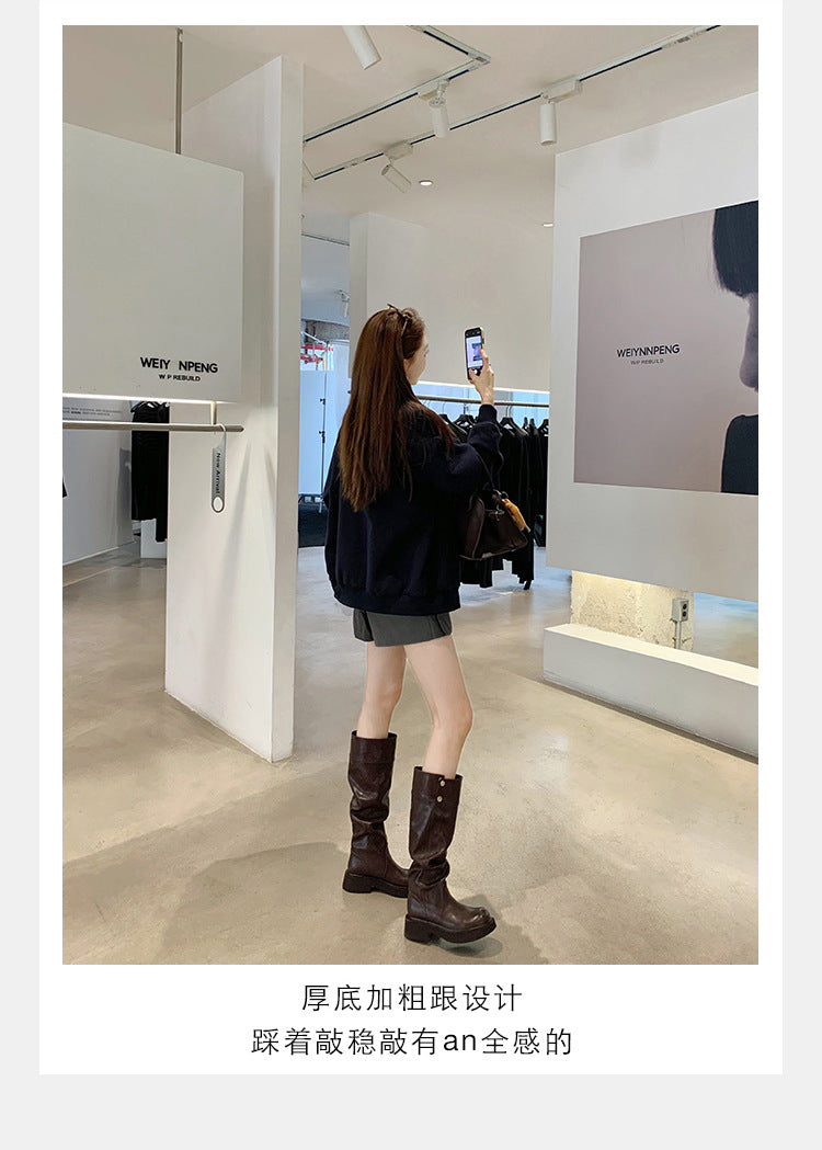 Grape Mom's Same Style in Stock~ Increase Height by 5cm~ Three-Dimensional Round Toe Thick-Soled Chunky Heel Snap-Button Riding Boots for Women