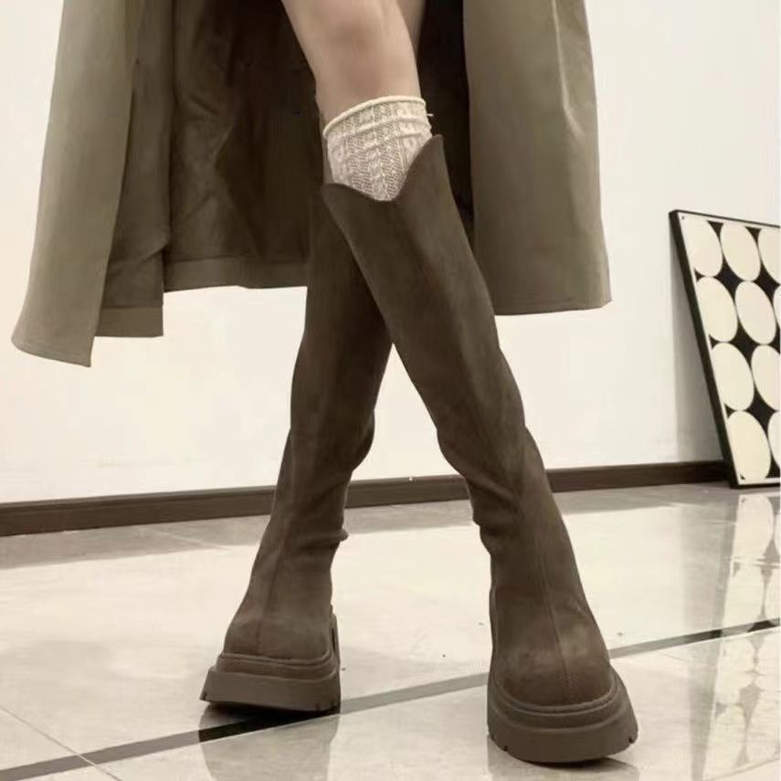 Women's Long Boots with Wide Shaft, Slim Boots, Autumn and Winter New British Style Thick-Soled Heightening Elastic Boots
