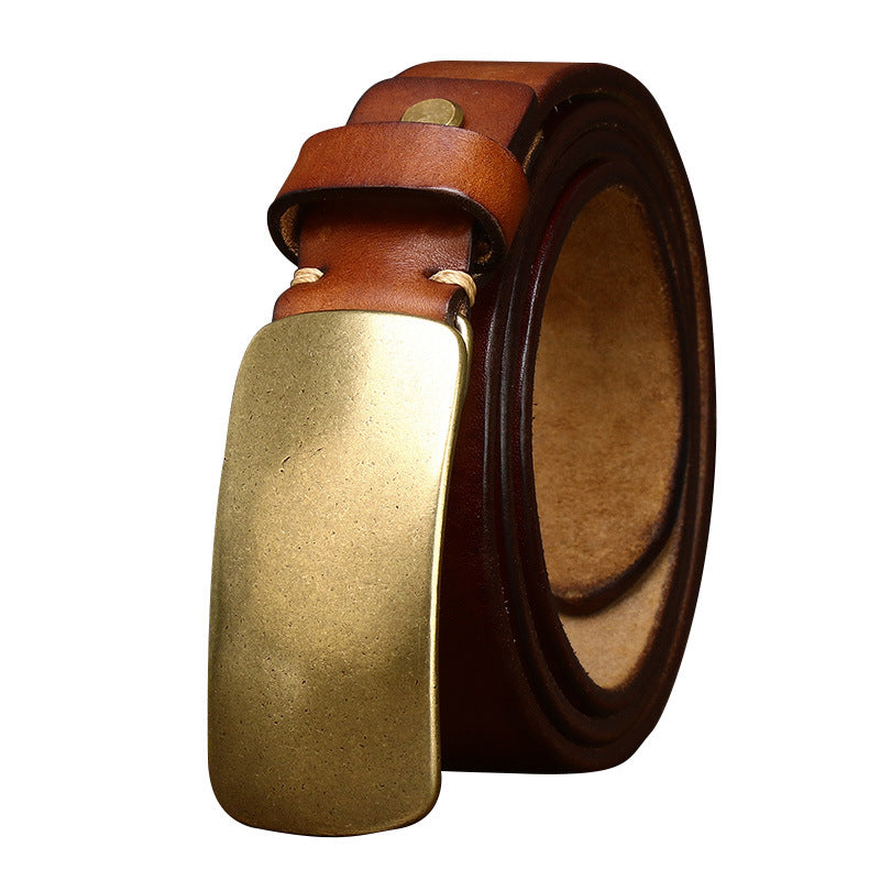 3.3CM Wide Thickened Top Layer Cowhide Belt Men's Genuine Leather Smooth Copper Buckle Belt Korean Style Plate Buckle Retro All-match Trendy