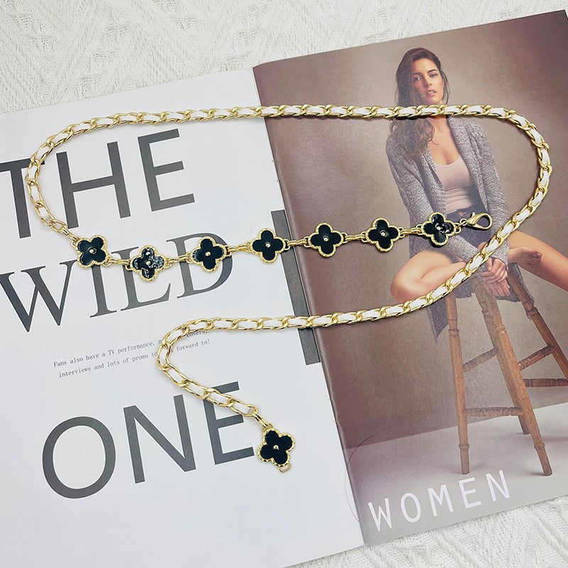 Fragrant Style Waist Chain Accessories Women's Summer Metal Four-leaf Clover Two-sided Available Splicing Chain All-match Thin Chain Belt Pants Chain