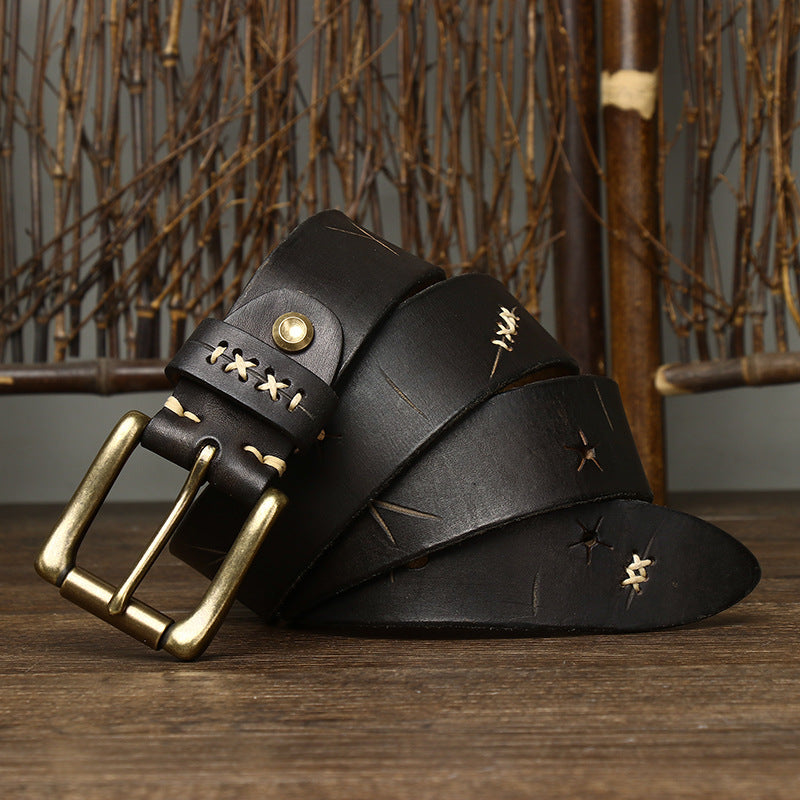 Washed Retro Old Trendyy Stylish Pull-Out First-Layer Cowhide Belt Men's Genuine Leather Pin Buckle Jeans Belt Men's Style