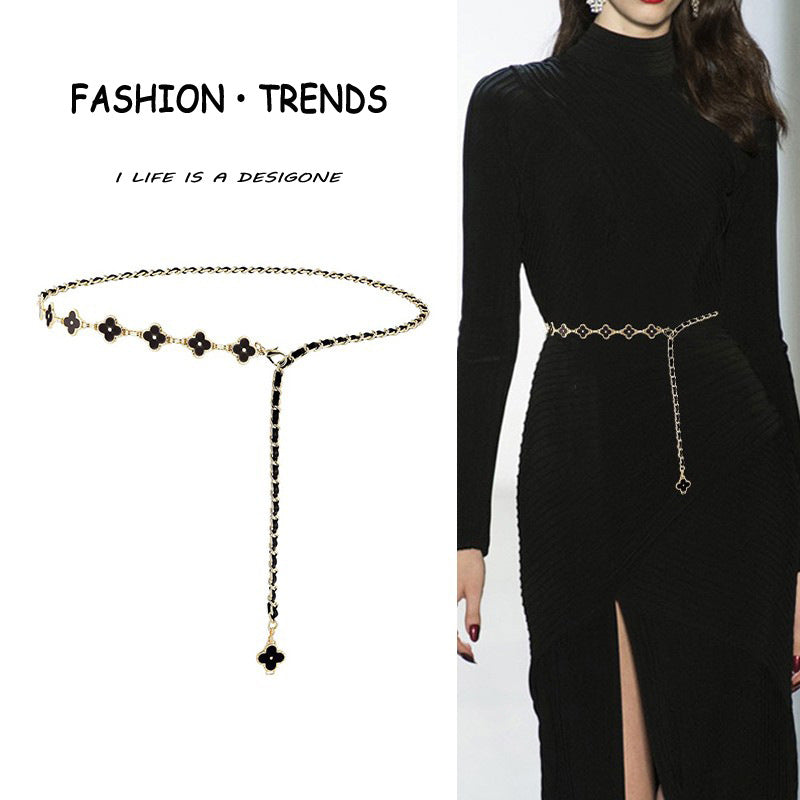 Fragrant Style Waist Chain Accessories Women's Summer Metal Four-leaf Clover Two-sided Available Splicing Chain All-match Thin Chain Belt Pants Chain