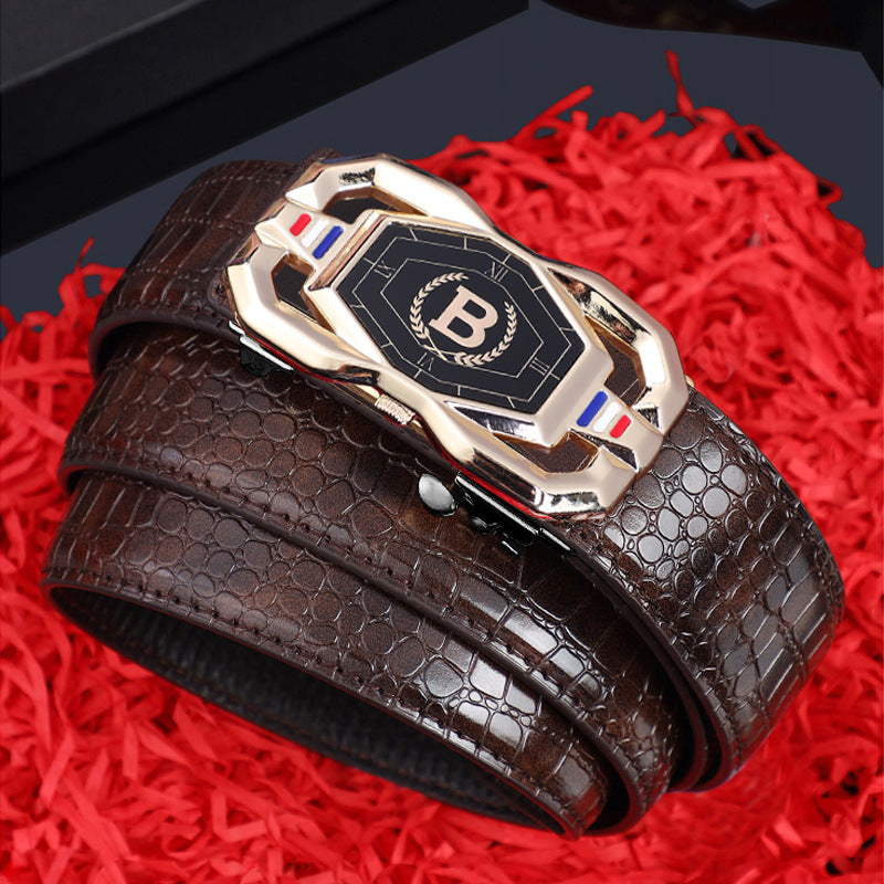 TikTok Explosive Men's Crocodile Pattern Belt High-end Atmospheric Leather Automatic Buckle Middle-aged Leisure Business Belt Trendy