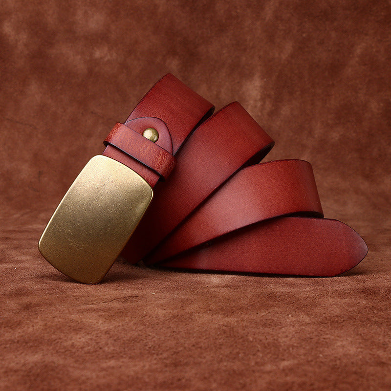 3.3CM Wide Thickened Top Layer Cowhide Belt Men's Genuine Leather Smooth Copper Buckle Belt Korean Style Plate Buckle Retro All-match Trendy