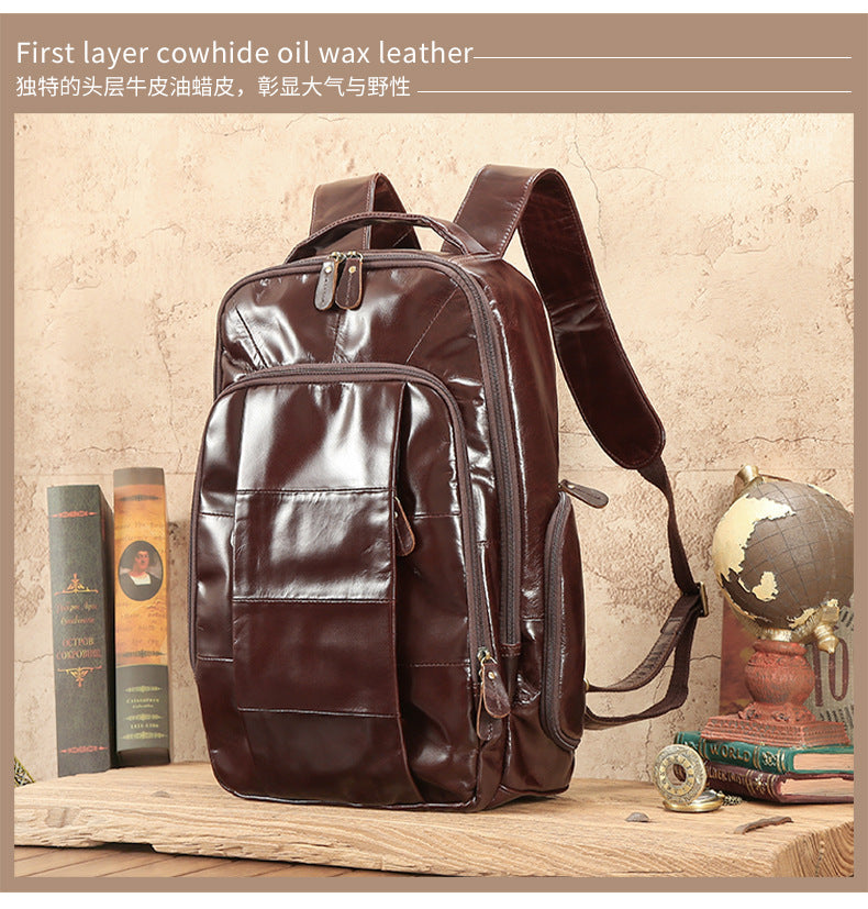 2025 New Oil Wax Leather Backpack European Style Business Backpack Commuting Casual Men's Bag Cross-Border Hot Selling Men's Bag