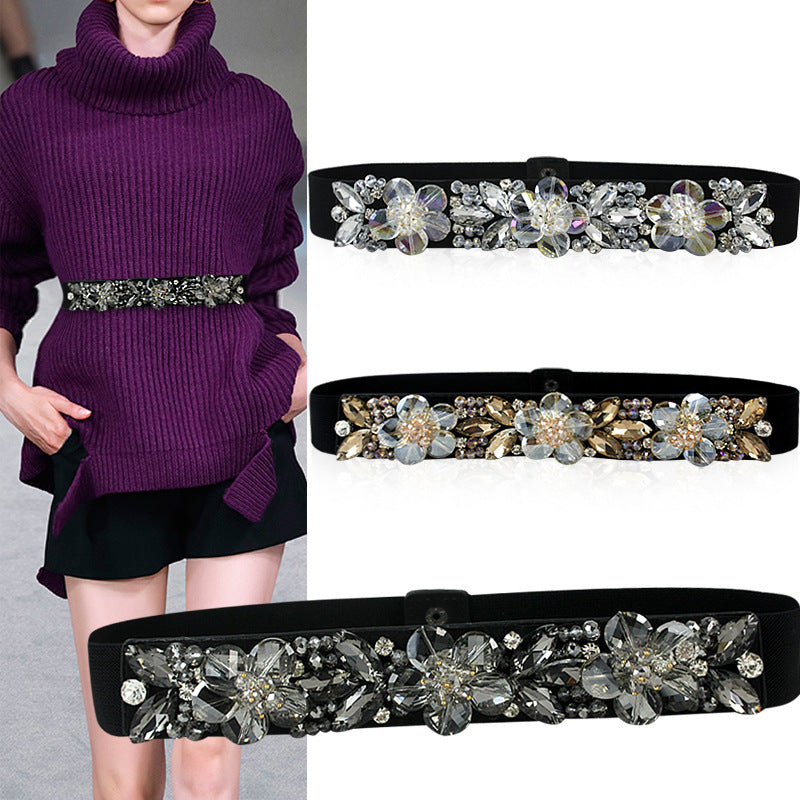 Women's Fashionable Flower Rhinestone Inlaid Wide Girdle Decorative Belt Women's Versatile Skirt Belt Accessories Elastic Waist