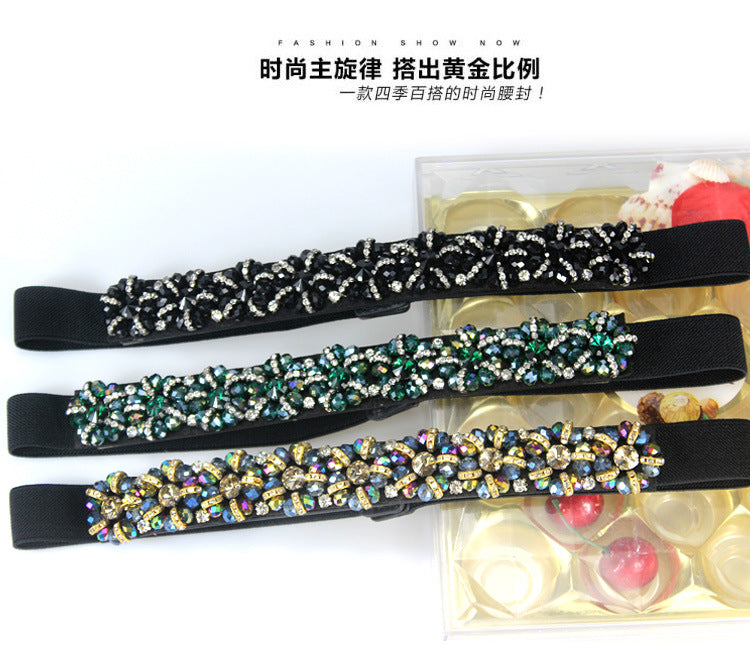 Women's Fashionable Flower Rhinestone Inlaid Wide Girdle Decorative Belt Women's Versatile Skirt Belt Accessories Elastic Waist