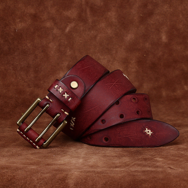 Retro Korean Style Trendyy Stylish Ins Double Pin Buckle Belt Men's Genuine Leather New Young People's Jeans Belt