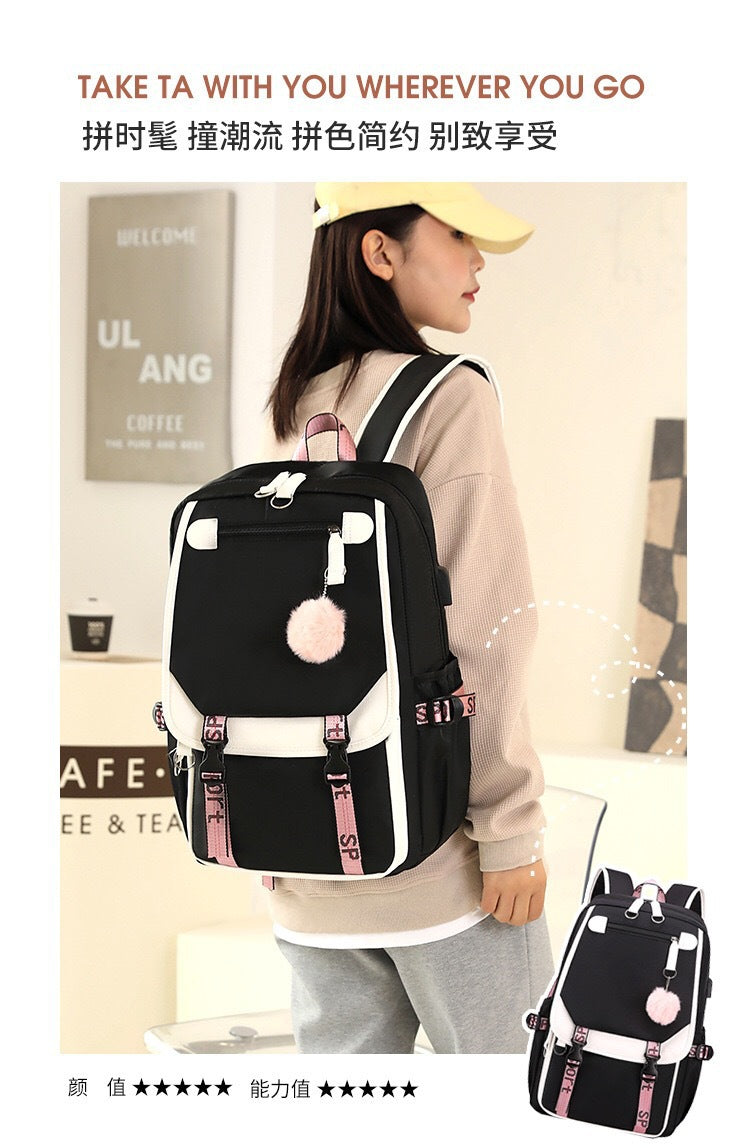 Backpack, Primary School, Middle School and High School Student School Bag, Fur Ball Bag, Multi-Color Selection, Large Capacity Simple Bag, Sports and Leisure Bag