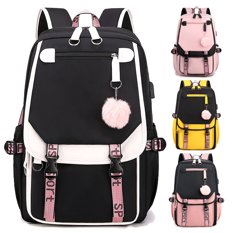 Backpack, Primary School, Middle School and High School Student School Bag, Fur Ball Bag, Multi-Color Selection, Large Capacity Simple Bag, Sports and Leisure Bag