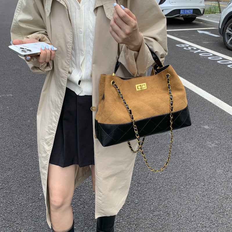 Niche Design Suede Tote Bag Korean Style Ins Lock Large Capacity Retro Fashion Versatile Satchel Crossbody Bag