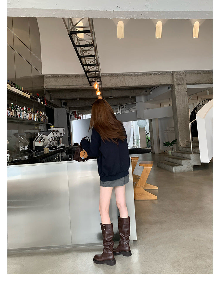 Grape Mom's Same Style in Stock~ Increase Height by 5cm~ Three-Dimensional Round Toe Thick-Soled Chunky Heel Snap-Button Riding Boots for Women