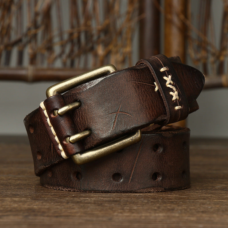 Retro Korean Style Trendyy Stylish Ins Double Pin Buckle Belt Men's Genuine Leather New Young People's Jeans Belt