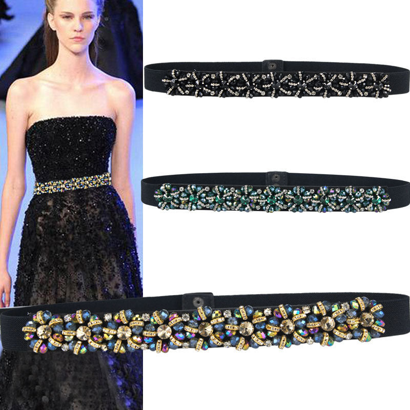 Women's Fashionable Flower Rhinestone Inlaid Wide Girdle Decorative Belt Women's Versatile Skirt Belt Accessories Elastic Waist