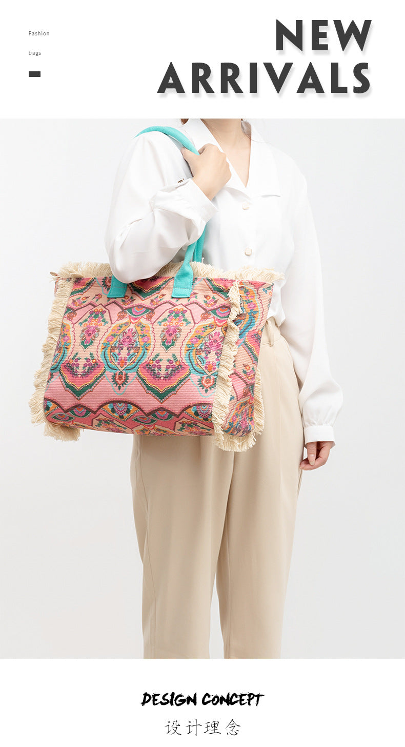 European and American Cross-Border Tote Bag Bohemian Retro Shoulder Bag Zipper Handbag Large Capacity Canvas Bag Women Summer