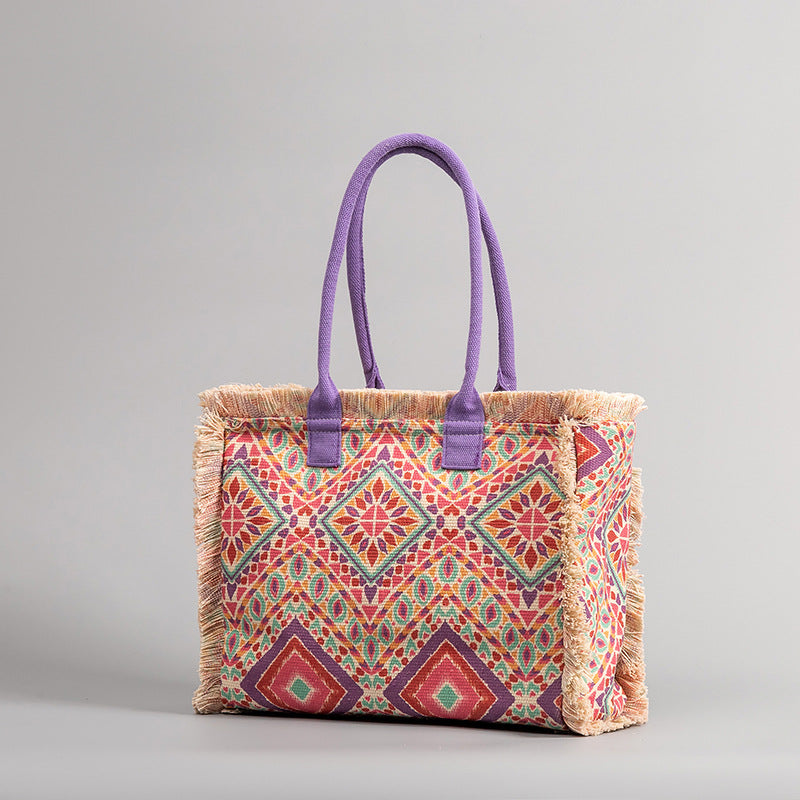 European and American Cross-Border Tote Bag Bohemian Retro Shoulder Bag Zipper Handbag Large Capacity Canvas Bag Women Summer