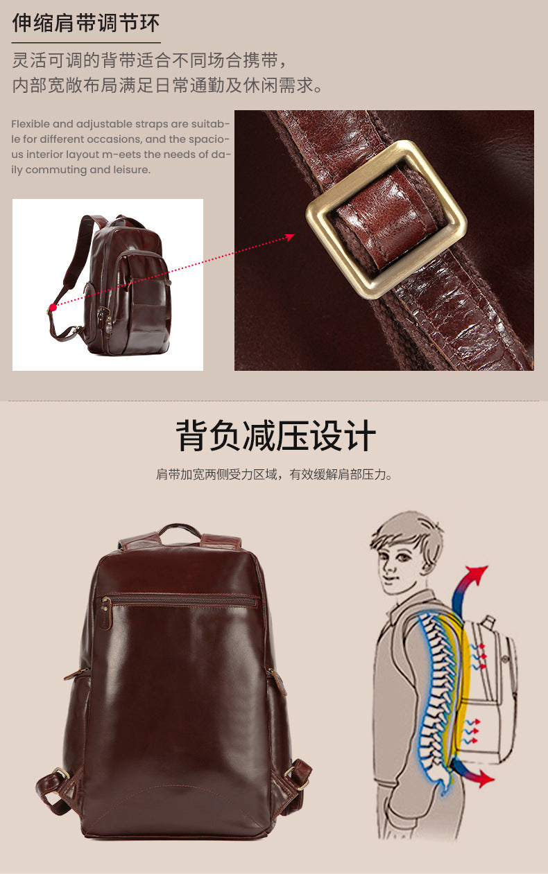 2025 New Oil Wax Leather Backpack European Style Business Backpack Commuting Casual Men's Bag Cross-Border Hot Selling Men's Bag
