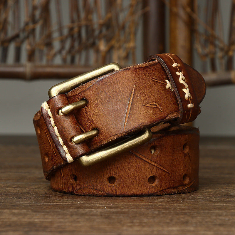 Retro Korean Style Trendyy Stylish Ins Double Pin Buckle Belt Men's Genuine Leather New Young People's Jeans Belt