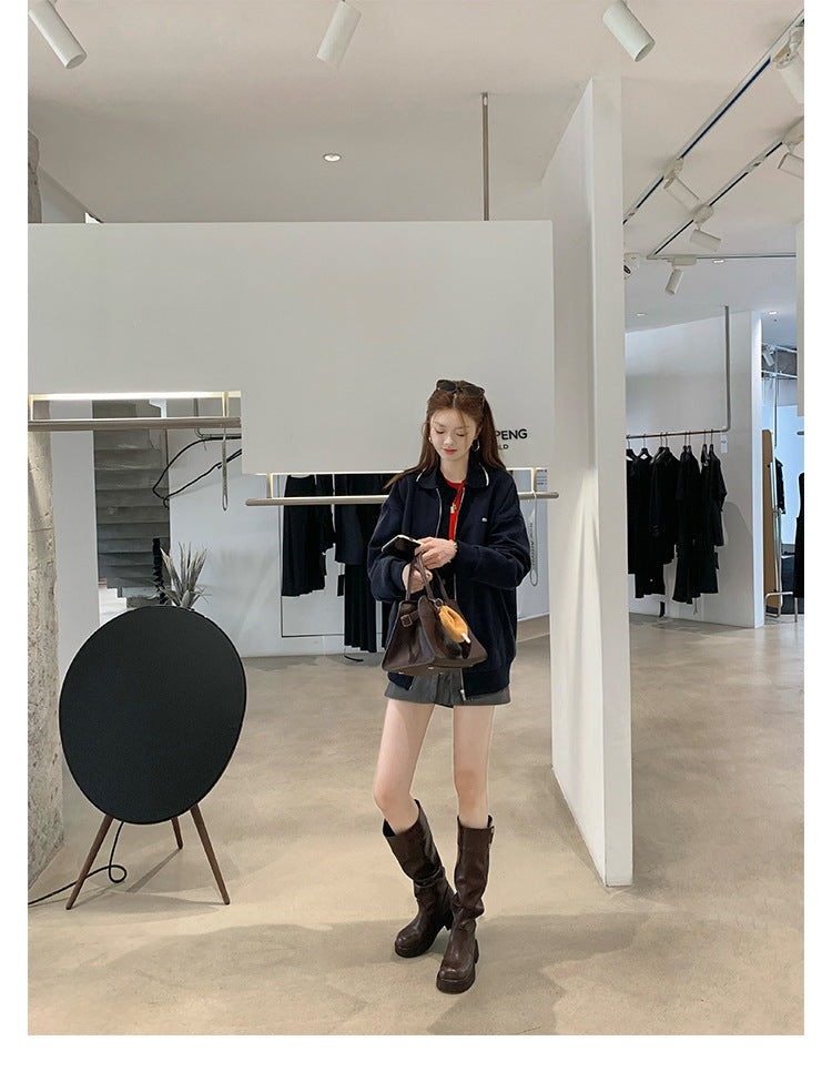 Grape Mom's Same Style in Stock~ Increase Height by 5cm~ Three-Dimensional Round Toe Thick-Soled Chunky Heel Snap-Button Riding Boots for Women