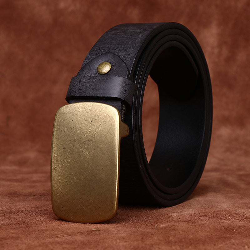 3.3CM Wide Thickened Top Layer Cowhide Belt Men's Genuine Leather Smooth Copper Buckle Belt Korean Style Plate Buckle Retro All-match Trendy