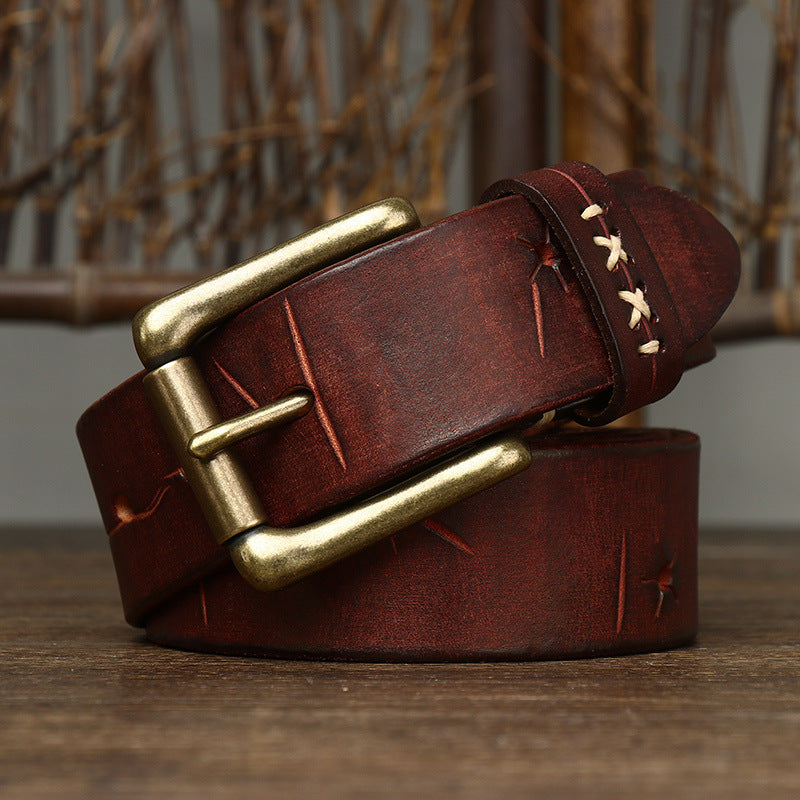 Washed Retro Old Trendyy Stylish Pull-Out First-Layer Cowhide Belt Men's Genuine Leather Pin Buckle Jeans Belt Men's Style