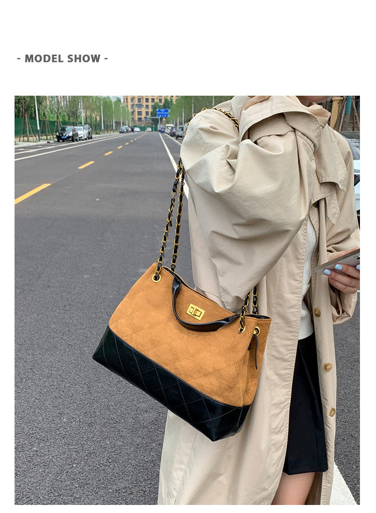 Niche Design Suede Tote Bag Korean Style Ins Lock Large Capacity Retro Fashion Versatile Satchel Crossbody Bag