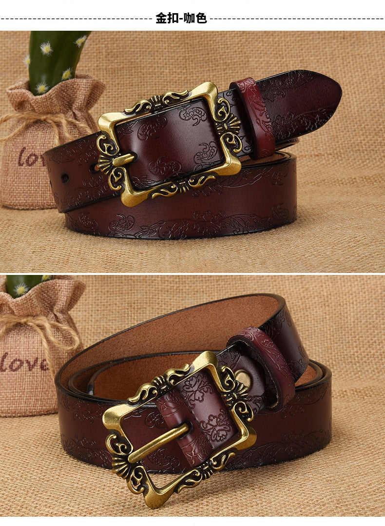 Cross-border European and American Women's Retro Belt Embossed Pattern Pin Buckle Belt Women's Ins Style All-match Simple Casual Pants Belt