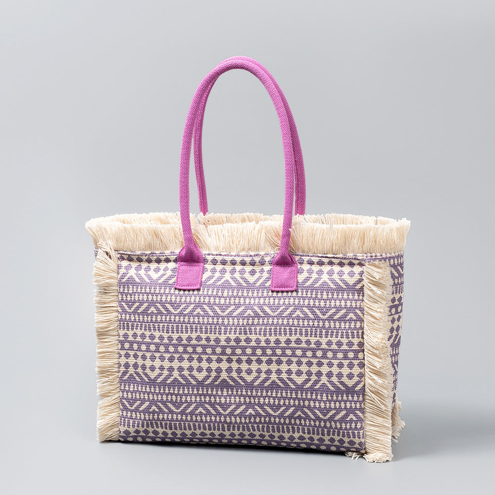 European and American Cross-Border Tote Bag Bohemian Retro Shoulder Bag Zipper Handbag Large Capacity Canvas Bag Women Summer