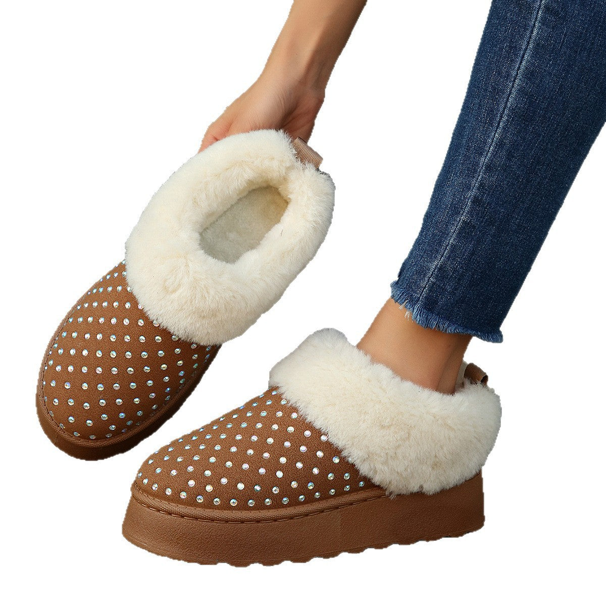Wholesale of New Autumn Large-Size Foreign Trade Independent Station Rhinestone-Decorated Suede Fleece-Lined Thickened Warm Thick-Soled Snow Boots