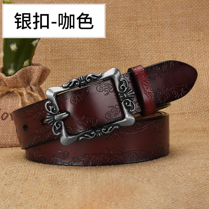 Cross-border European and American Women's Retro Belt Embossed Pattern Pin Buckle Belt Women's Ins Style All-match Simple Casual Pants Belt