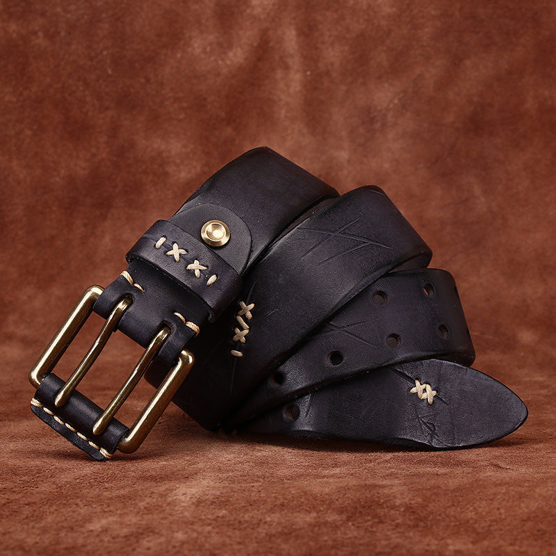 Retro Korean Style Trendyy Stylish Ins Double Pin Buckle Belt Men's Genuine Leather New Young People's Jeans Belt