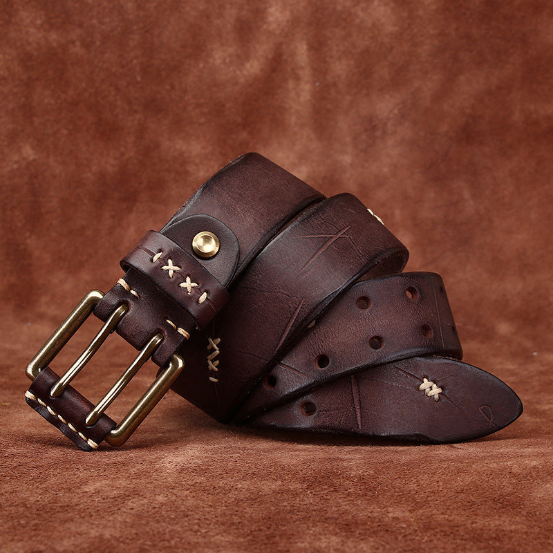 Retro Korean Style Trendyy Stylish Ins Double Pin Buckle Belt Men's Genuine Leather New Young People's Jeans Belt