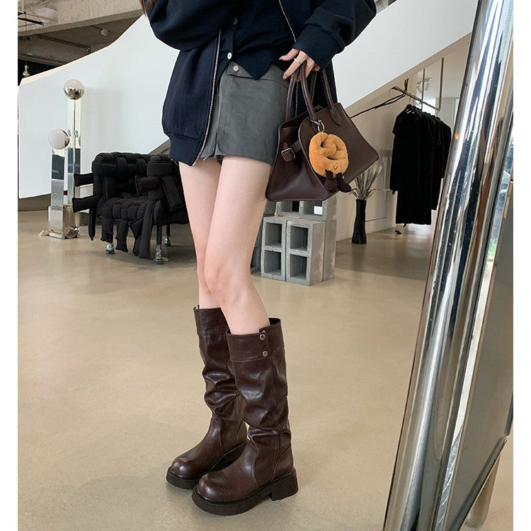 Grape Mom's Same Style in Stock~ Increase Height by 5cm~ Three-Dimensional Round Toe Thick-Soled Chunky Heel Snap-Button Riding Boots for Women