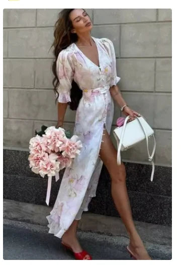 Fashion Organza Floral Printed Maxi Dress V-Neck Puff Sleeve 2026 Spring/Summer Romantic Women Party Gown Elegant Lady Vestido