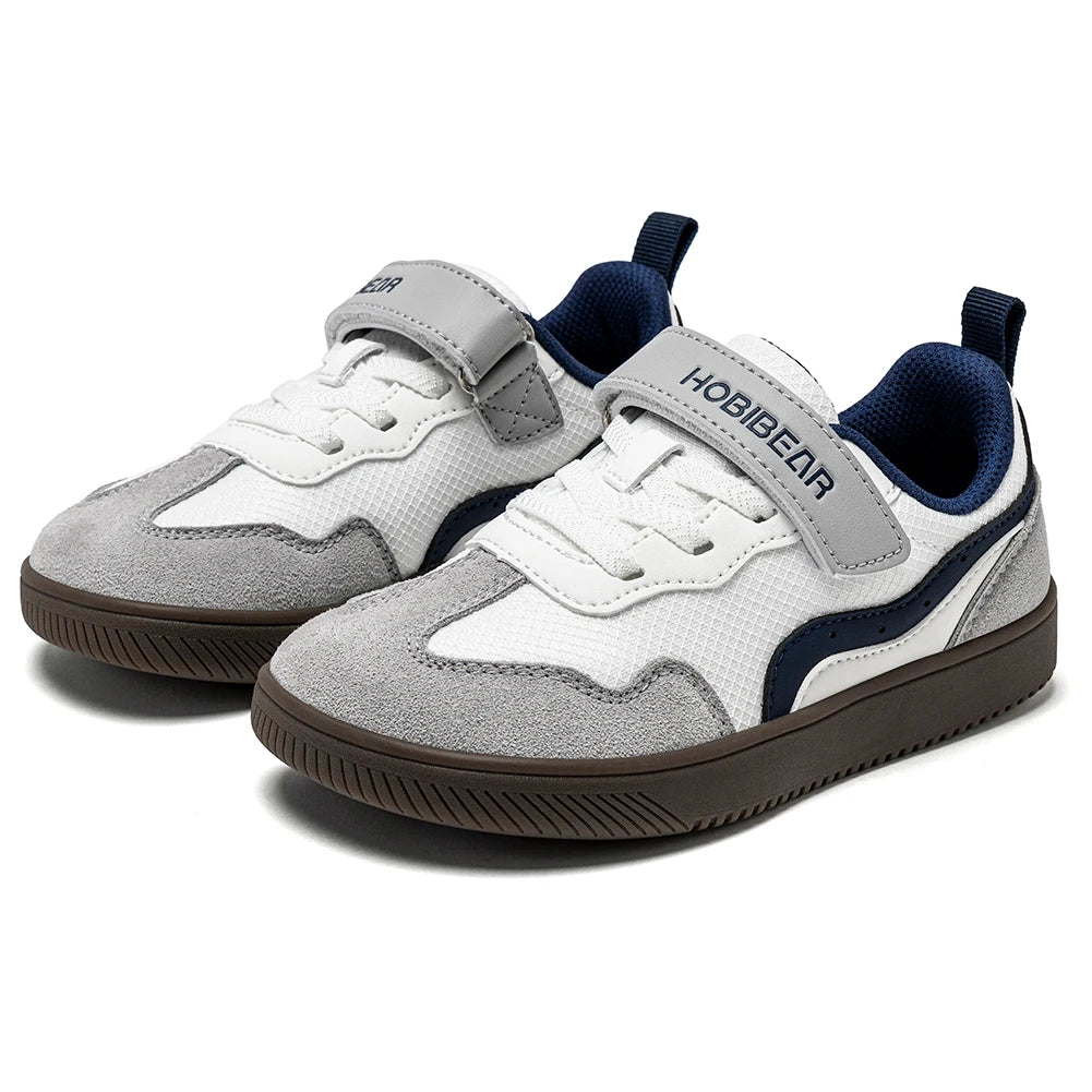 HOBIBEAR Kids Wide Toe Barefoot Shoes Hook Loop Minimalist Sneakers Artificial Leather Mesh Retro Walking Shoes for Big Kid